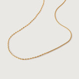 A gold-colored necklace with a chain link design, displayed against a white background.