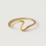 A gold-plated open wave ring on a white background.