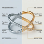 Comparison of a silver and gold ring with text highlighting differences between 'Them' and 'Kaleya Studio'.