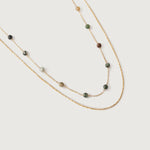 A two-tiered necklace with fine gold chains and forest-hued jasper beads, displayed against a white background.