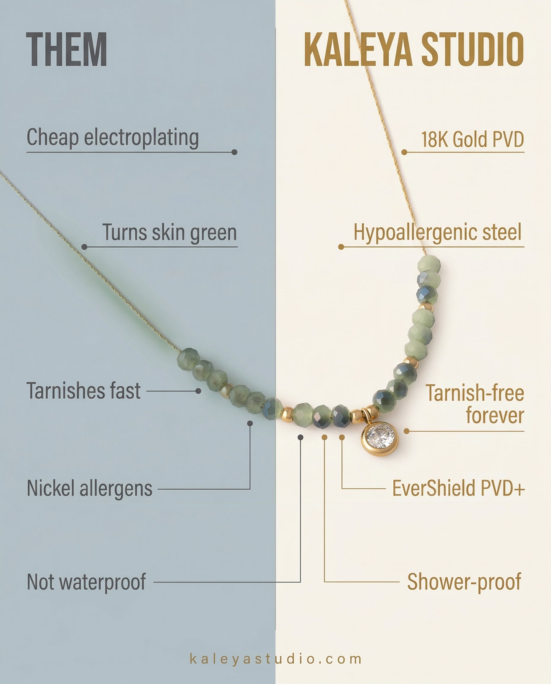 Comparison chart between 'Them' and Kaleya Studio jewelry, highlighting differences in material quality and features.