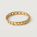 A gold-plated ring with a chain-inspired design, displaying a sleek, polished surface.