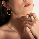 model wearing gold plated rings and necklace