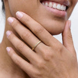close up of a model wearing a 18k gold plated 2mm ring