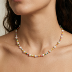 model wearing malta beaded and pearls necklace