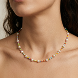 model wearing malta beaded and pearls necklace