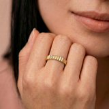 close up of a female model wearing a gold-plated band ring with fluted edges