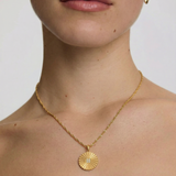 Close-up of a person wearing a gold necklace with a sun-shaped pendant on a plain background