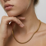 Close-up of a person wearing a gold necklace against a neutral background