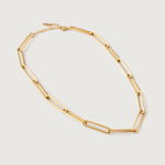 A gold-colored minimalistic collar necklace with sleek rectangular links.