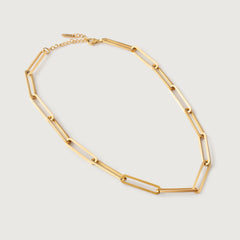 A gold-colored minimalistic collar necklace with sleek rectangular links.