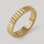 360 rotating video of a gold-plated band ring with fluted edges, displayed against a white background