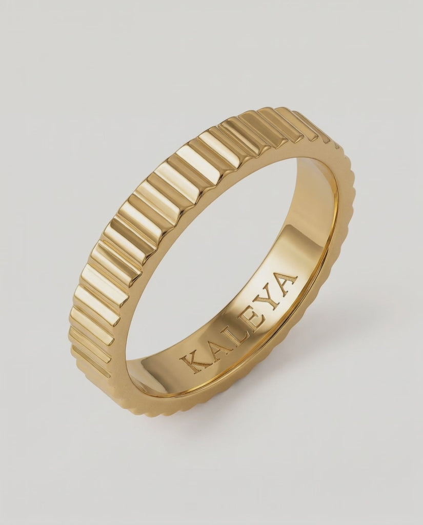 360 rotating video of a gold-plated band ring with fluted edges, displayed against a white background