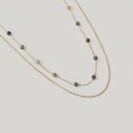 video of a two-tiered necklace with fine gold chains and forest-hued jasper beads
