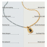 Comparison chart between cheap electroplating and Kaleya Studio jewelry, highlighting differences in material and properties.