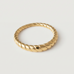 A gold-plated metal ring with a twisted rope design, displayed against a white background.