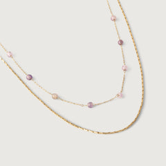 A two-strand gold-plated necklace with delicate rose quartz beads and a sleek snake chain.