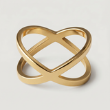 A gold-plated ring with two slender bands that intersect creating a modern X-shape design.